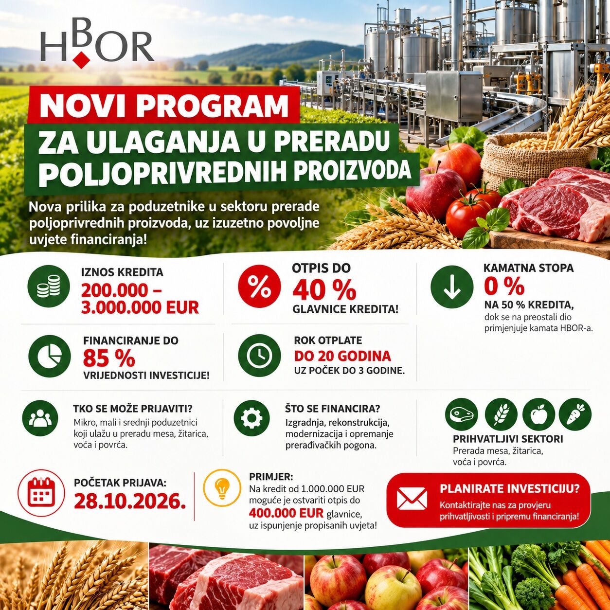HBOR pokreće novi program kreditiranja ulaganja u preradu poljoprivrednih proizvoda uz mogućnost otpisa dijela glavnice kredita